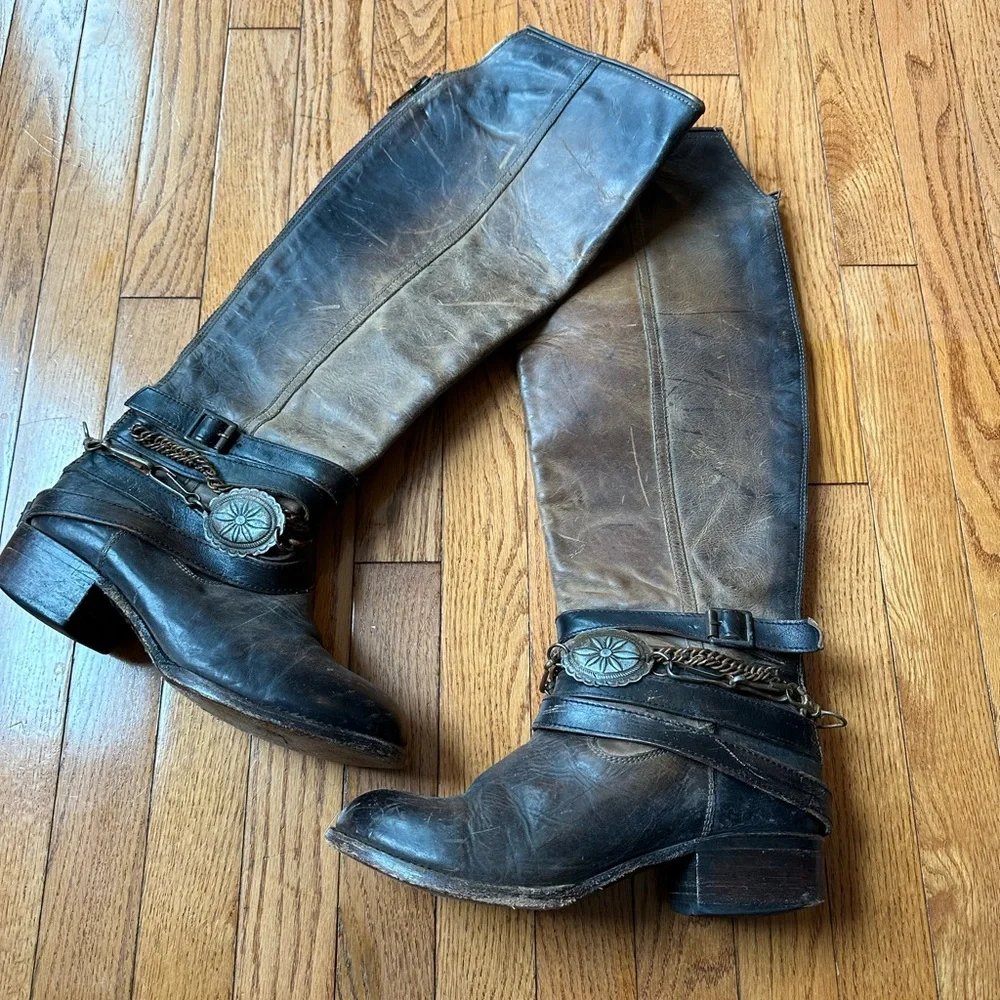 Freebird Aspen Chain Brown Leather Tall Knee High Zippered western Boots - Picture 5 of 6